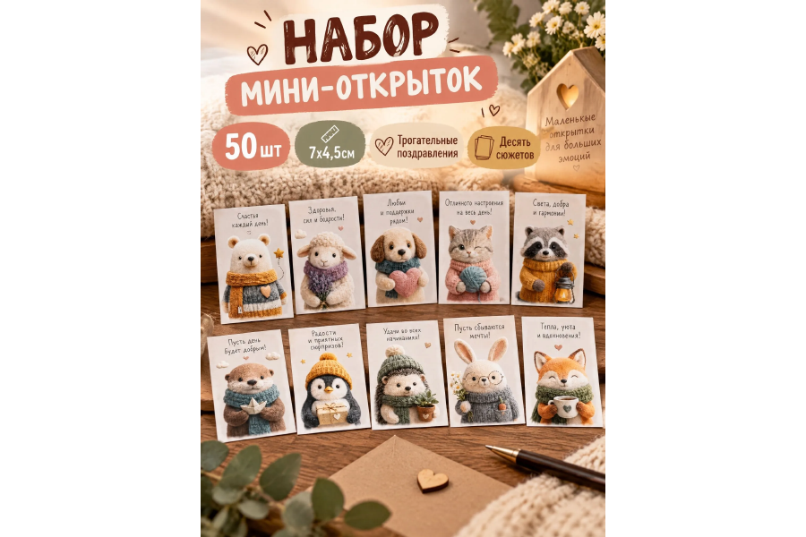 Набор мини открыток карточек с пожеланиями, 50 шт